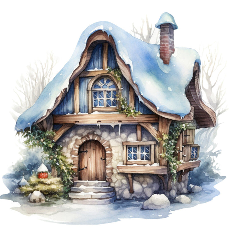 Watercolor Winter Houses Fabric Panel 15