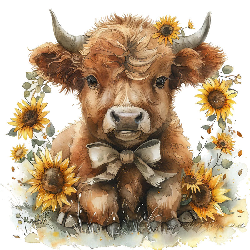 Rustic Sunflower Highland Cows Fabric Panel 6