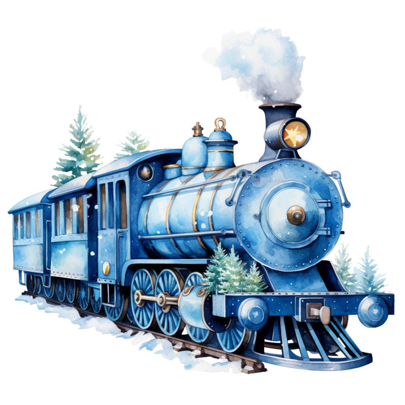 Blue Christmas Train Fabric Panel 3