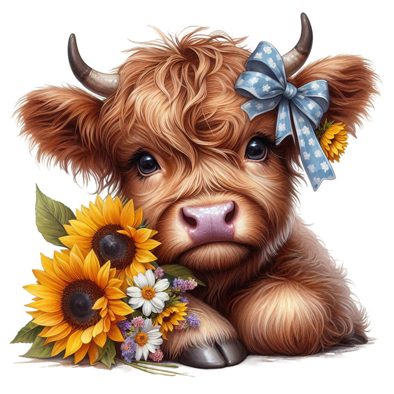 Rustic Sunflower Highland Cows Fabric Panel 9