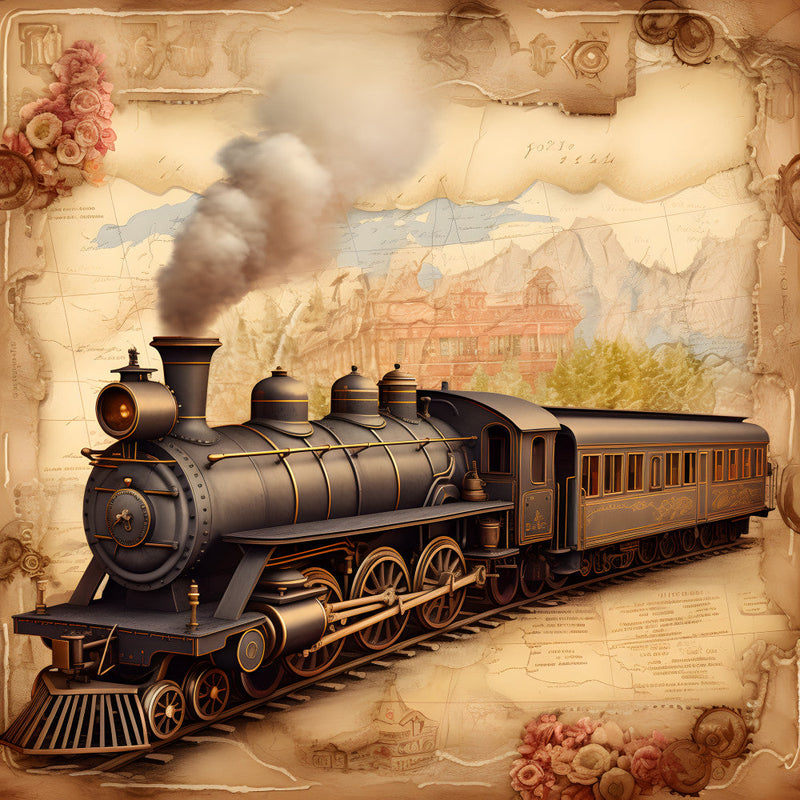 Shabby Chic Steampunk Train Fabric Panel 6