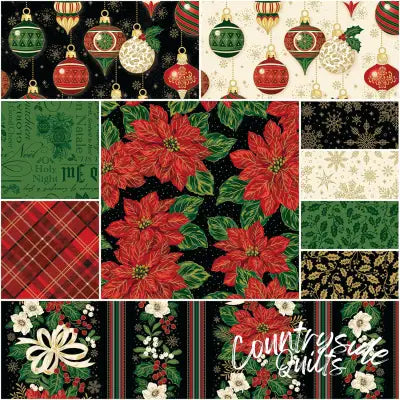 Poinsettias at Christmas 1 Yard Bundle Black, 10 Pcs.