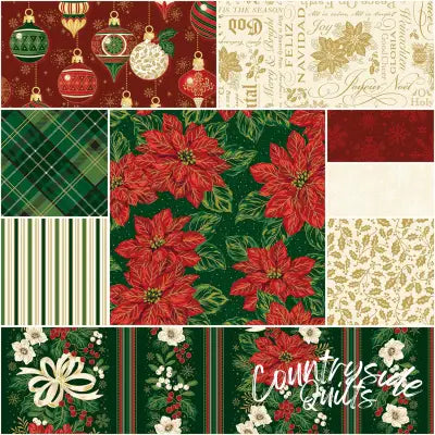 Poinsettias at Christmas 1 Yard Bundle Green, 9 Pcs.
