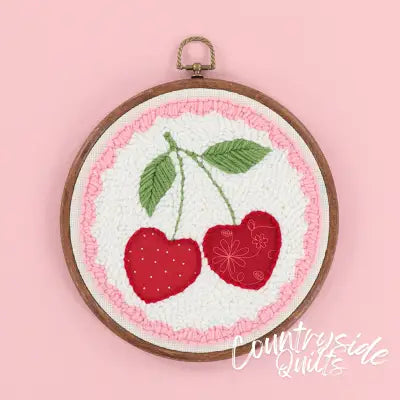 Punch Needle Embroidery Kit Life is Cherry Sweet 8in Faux Wood Hoop
