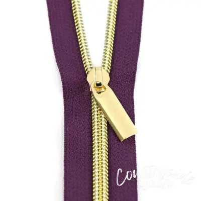 Purple #5 Nylon Gold Coil Zippers: 3 Yards with 9 Pulls