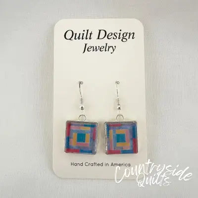 Quilt Earrings Log Cabin Rainbow
