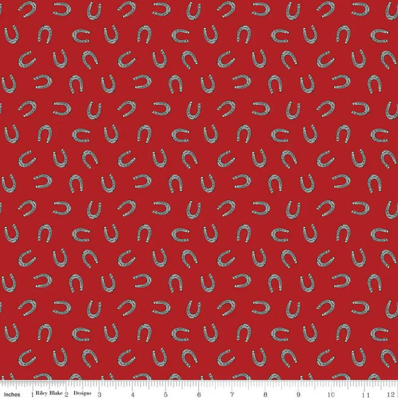 Riley Blake Designs Cowboys Horseshoes Barn Red 44’’