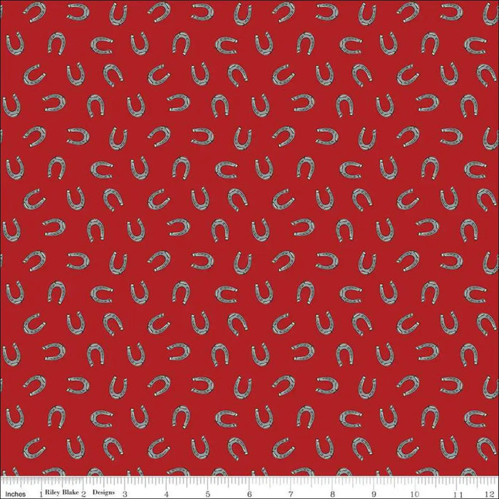 Riley Blake Designs Cowboys Horseshoes Barn Red 44’’