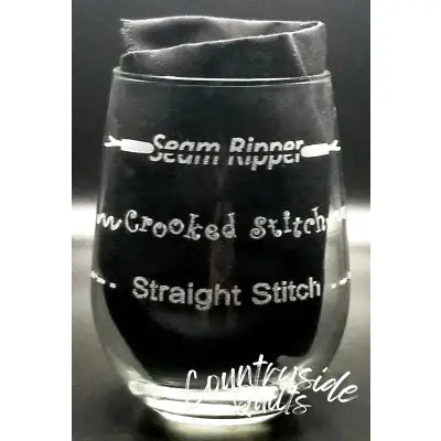 Seam Ripper, Crooked Stitch, Straight Stitch Stemless Wine Glass