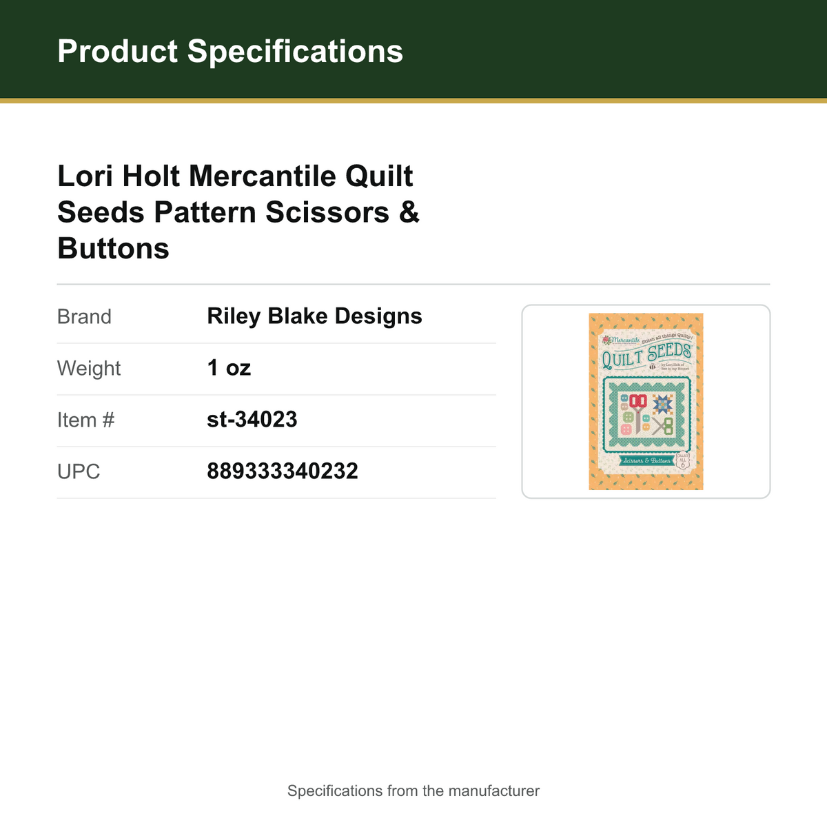 Product Specifications – Lori Holt Mercantile Quilt Seeds Pattern Scissors & Buttons
