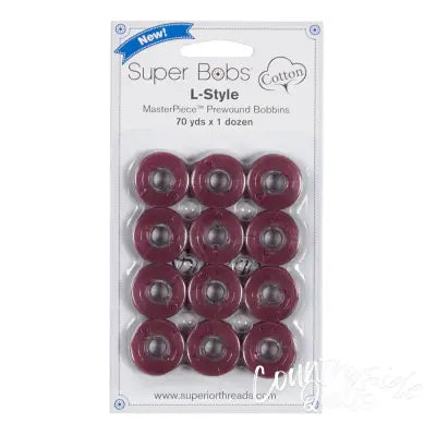 Super Bobs MasterPiece Cotton 70yd Prewound Bobbins 12ct L-Style Plum Berry