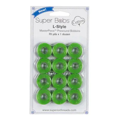 Super Bobs MasterPiece Cotton 70yd Prewound Bobbins 12ct L-Style Green with Envy
