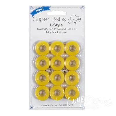 Super Bobs MasterPiece Cotton 70yd Prewound Bobbins 12ct L-Style Simply Yellow