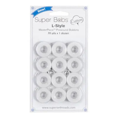 Super Bobs MasterPiece Cotton 70yd Prewound Bobbins 12ct L-Style Blanc