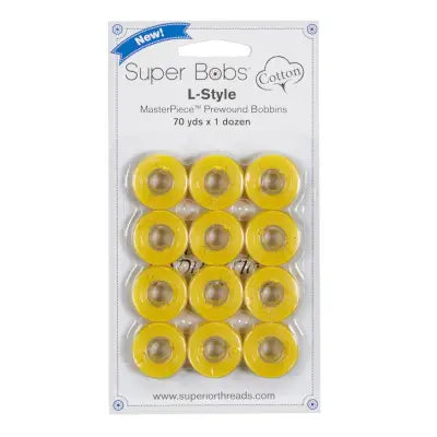 Super Bobs MasterPiece Cotton 70yd Prewound Bobbins 12ct L-Style Simply Yellow