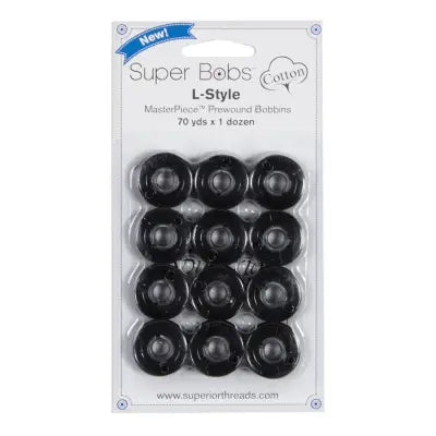 Super Bobs MasterPiece Cotton 70yd Prewound Bobbins 12ct L-Style Raven