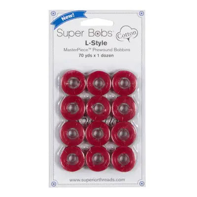 Super Bobs MasterPiece Cotton 70yd Prewound Bobbins 12ct L-Style Renae Red