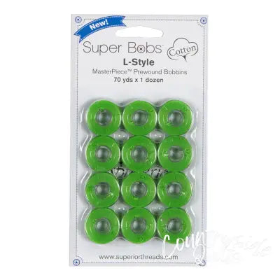 Super Bobs MasterPiece Cotton 70yd Prewound Bobbins 12ct L-Style Green with Envy