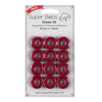 Super Bobs MasterPiece Cotton 80yd Prewound Bobbins 12ct Class 15 Renae Red