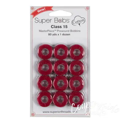 Super Bobs MasterPiece Cotton 80yd Prewound Bobbins 12ct Class 15 Renae Red