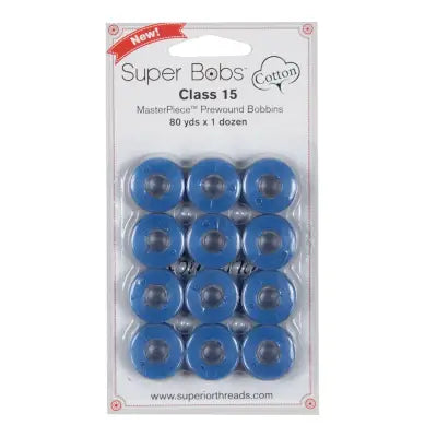 Super Bobs MasterPiece Cotton 80yd Prewound Bobbins 12ct Class 15 Marine Blue