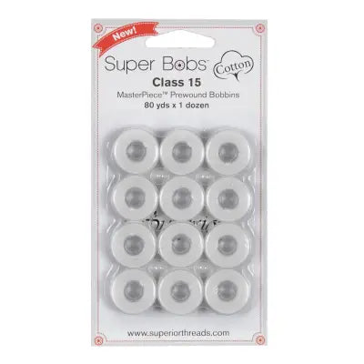 Super Bobs MasterPiece Cotton 80yd Prewound Bobbins 12ct Class 15 Blanc