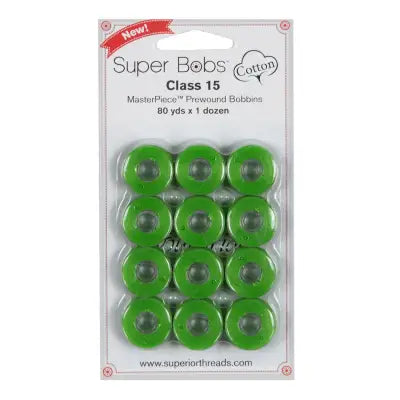 Super Bobs MasterPiece Cotton  80yd Prewound Bobbins 12ct Class 15 Green W Envy