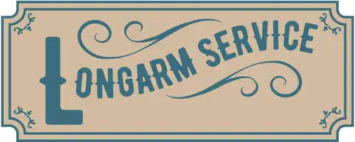 Vintage-style ticket or sign displaying ’Longarm Service’ text with decorative flourishes in teal blue.