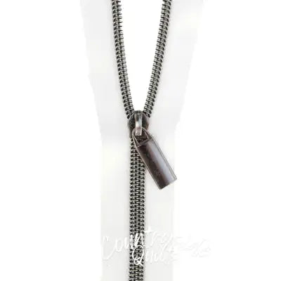White #5 Nylon Gunmetal Coil Zippers: 3 Yards with 9 Pulls