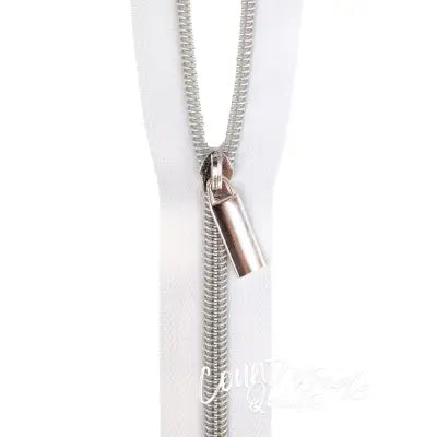 White #5 Nylon Nickel Coil Zippers: 3 Yards with 9 Pulls