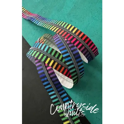 Wide Rainbow Stripe Zipper Tape With Iridescent Teeth
