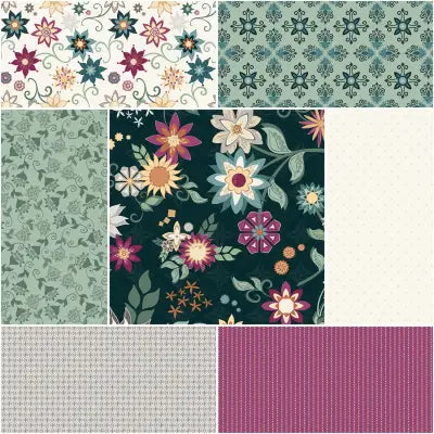Where the Wild Flowers Are 1 Yard Bundle Dark Teal, 7pcs
