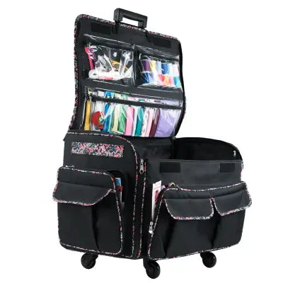 XXL Rolling Sewing Machine Tote Black Floral