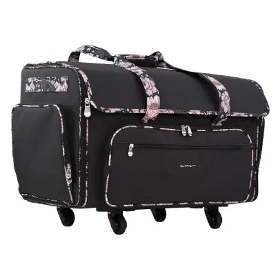 XXL Rolling Sewing Machine Tote Black and Floral Trim
