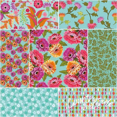 Zinnias 1 Yard Bundle Aqua, 7 Pcs.